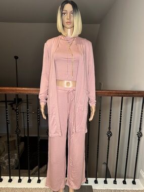 Mauve 3 Piece Lounge Set Women Cozy Cardigan Crop Top Pants Travel Outfit Comfy